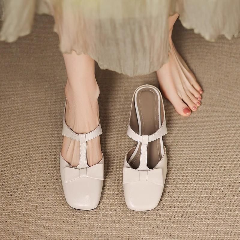 Fashion Baotou Half Slippers Women's Summer New Square Toe Shallow Mouth Bow Low Heel Block Heel Slip-on Wear-resistant Slippers