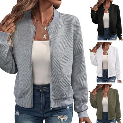 Fall Winter Women Jacket Zip-up Thickened Solid Color Applique Elastic Cuff Hem Cardigan Stand Collar Loose Long Sleeves Outwear Coat