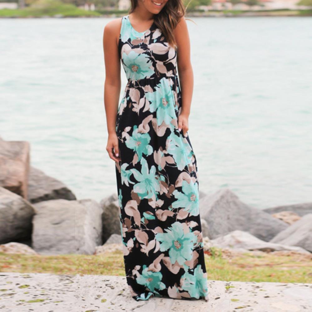 Summer Women's Elegant Casual Sleeveless Floral Printed Beach Dress Long Sundress