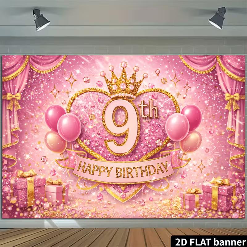 2D Roségold Glitzer 9. Geburtstag Party Hintergrund, Prinzessin Thema Hintergrund Dekoration