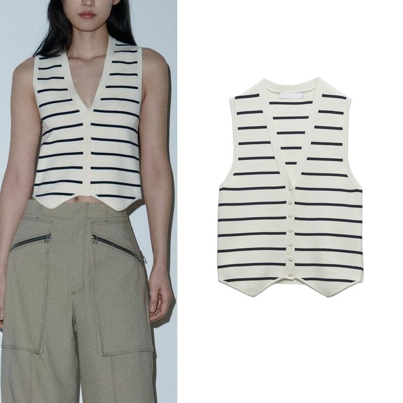 Spring New All-Matching Slimming Inner Bottoming Shirt Sleeveless V Neck Knitting Stripes Vest 3519032