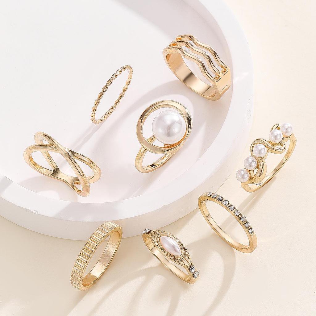 European-American Design Luxury Pearl & Diamond Adjustable Ring Set - 8 Pieces