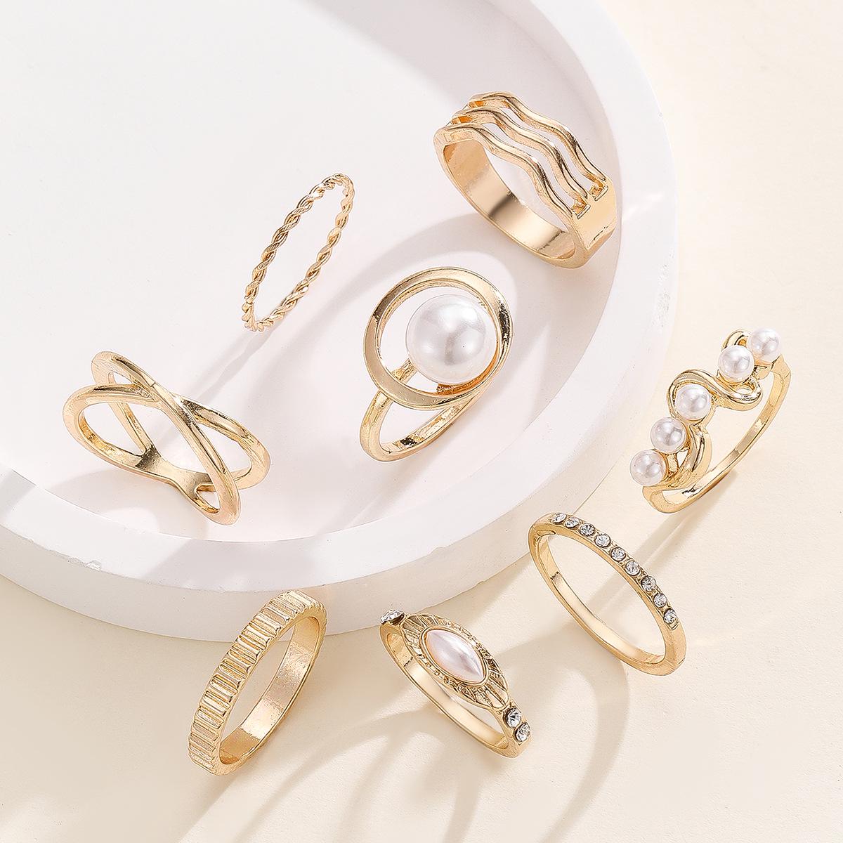Европейско-американский дизайн Роскошный набор регулируемых колец с жемчугом и бриллиантами - 8 штук золотой