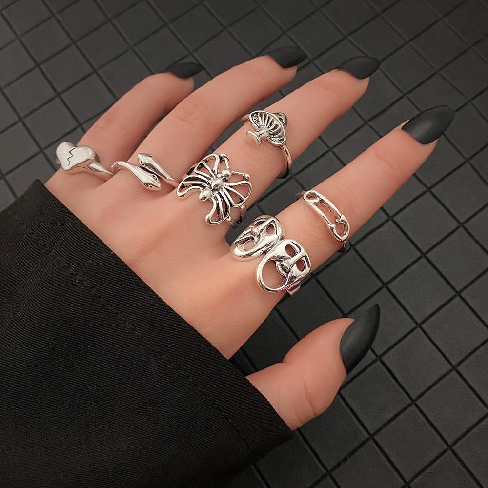 6pcs / Set Vintage Silver Women's Knuckle Ring Heart Ring Set Party Bohemian Jewelry