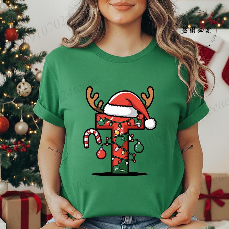 Fashion Printed T Shirt Festive Christmas Alphabet Letter with Santa Hat Women T Shirt Short Sleeves Crew Neck Female Clothes