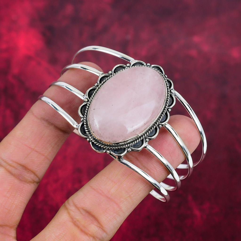 Rose Quartz Handmade Latest Design Jewelry Bangle, 925 Solid Sterling Silver Gemstone Bangle, Gift For Mother