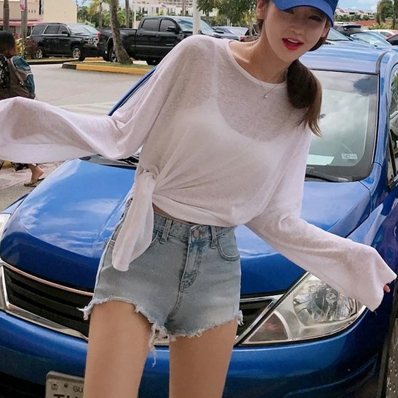 Fashion Long Sleeve Loose Sunscreen T-shirt for Women Split See Through Covers Up Loose Casual Thin Sexy Women Pullover T Shirt Strap Tee Top 2821