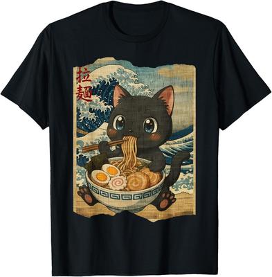 Funny Kawaii Black Cat Ramen Noodle Bowl Japanese Wave T-Shirt