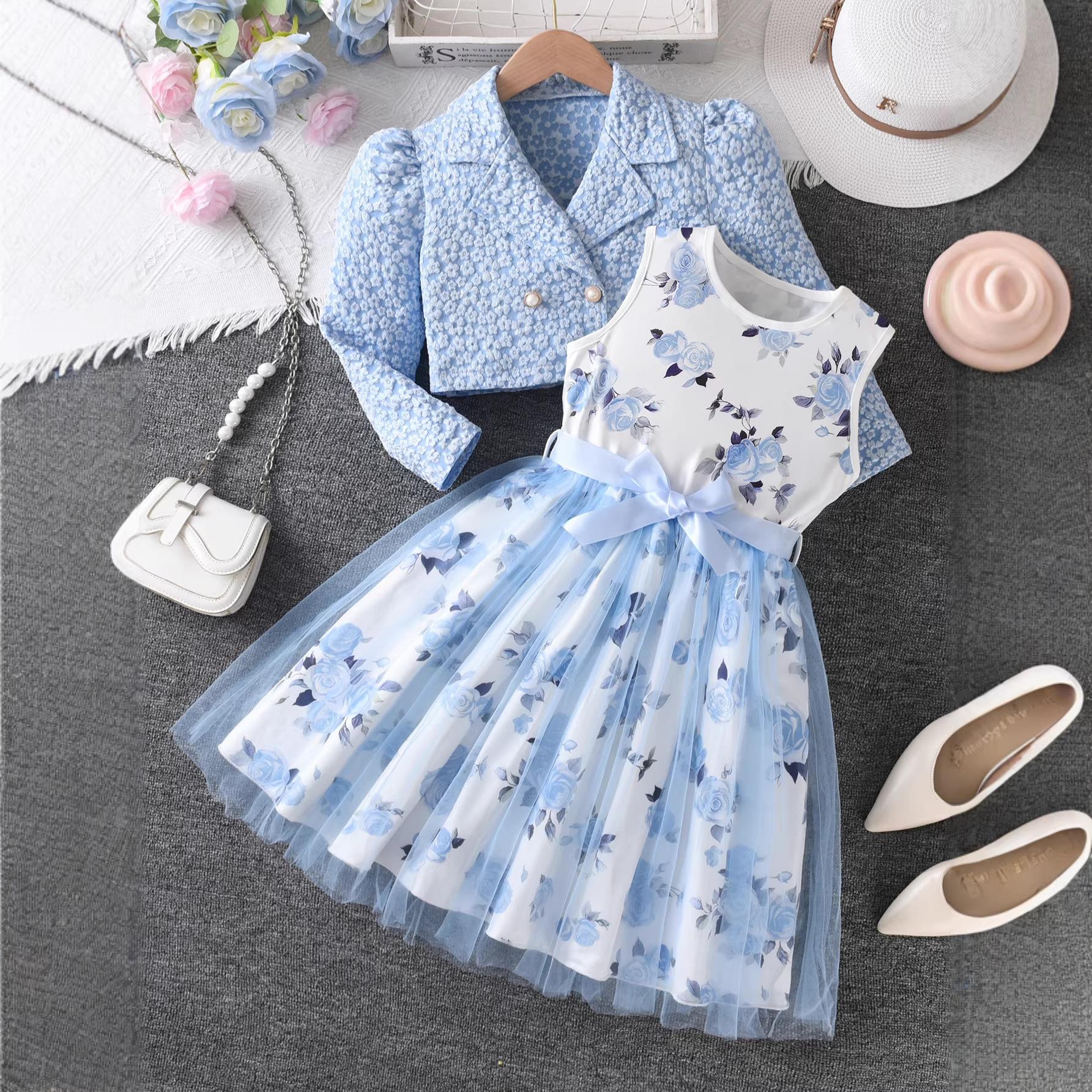 Girls Fashion Two-Piece Set - Summer Children s Princess Blue Floral Jacket + Net Silk Dress Set 11-12Y