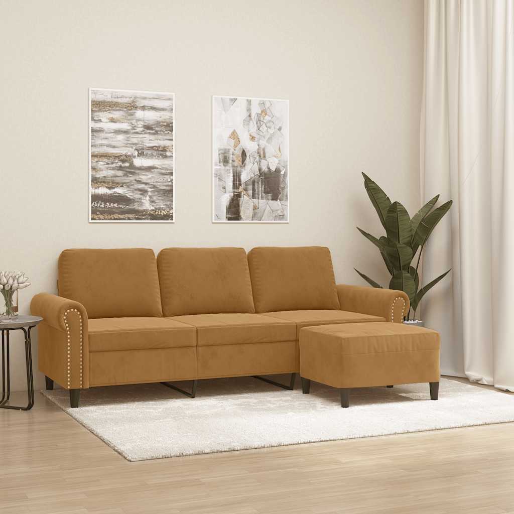3 Seater Sofa with Footstool Brown 180 Cm Velvet