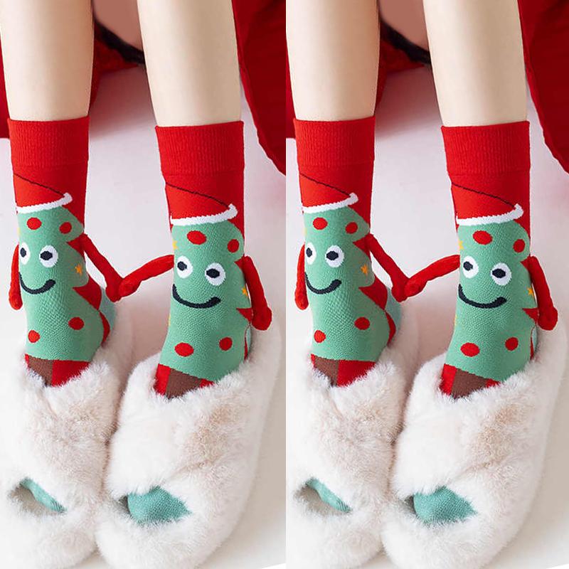 2026 New Women Winter Christmas Hand in Hand Socks Mid Tube Pure Cotton Magnetic 3D Creative Personalized Couple Socks