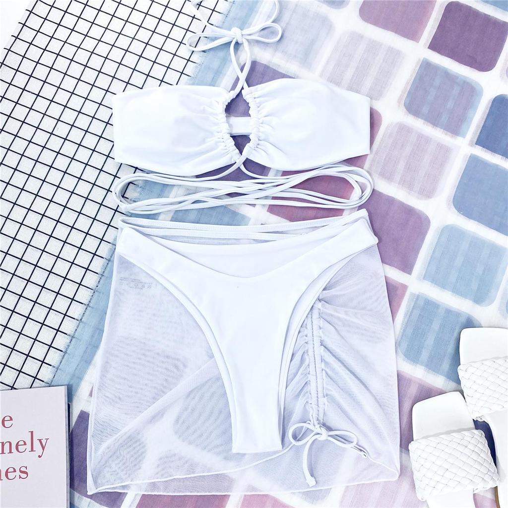 2021 Women's Solid Color Sexy Bandage Ruched Three-Piece Bikini Swimsuit