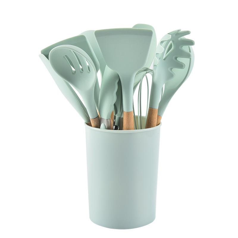 Wooden handle kitchen tools non-stick cooking spatula 11 pieces plus storage bucket baking set silicone kitchen utensils 12 pieces Light green twelve