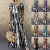 Women's Casual Loose Round Neck Short Sleeve Tie- Printed Long Hem Dress