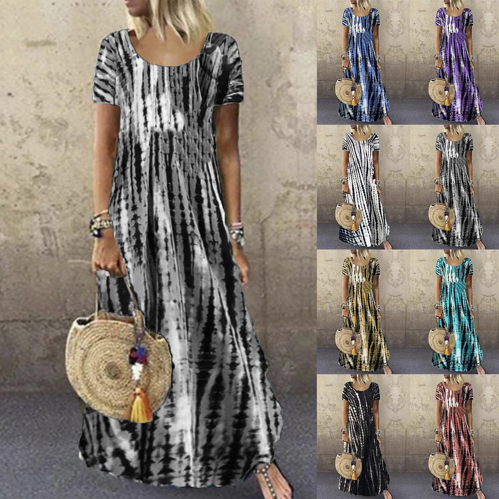 Women's Casual Loose Round Neck Short Sleeve Tie- Printed Long Hem Dress