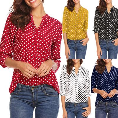 Women's Fashion Casual Polka Pot Print Long-sleeved V-neck Shirt Top