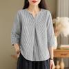 ZANZEA Women Casual V-Neck 3/4 Sleeve Loose Stripe Blouse