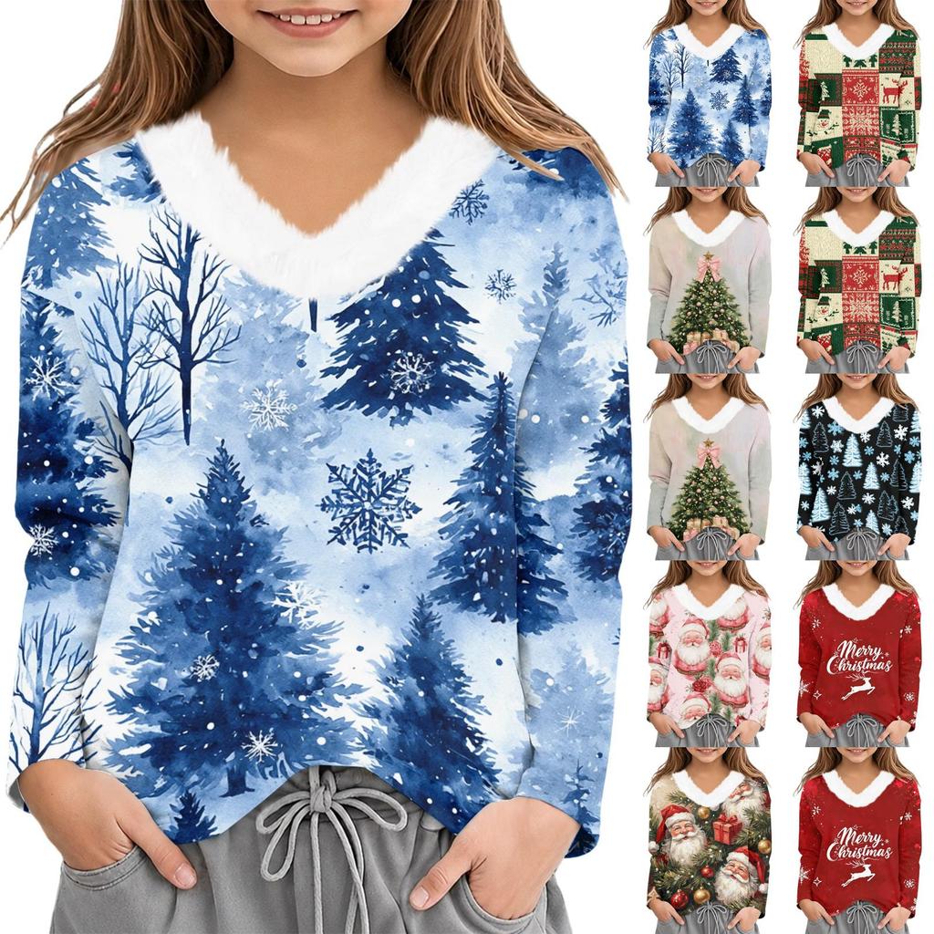 Girls V-Neck Christmas Print Top for Winter