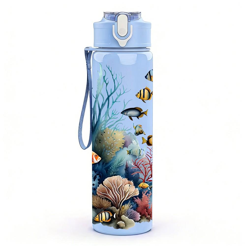 1PC Vibrant Coral Reef Underwater 750ml Color Plastic Sports Water Bottle Leakproof Flip Straw Lid Suitable for Sports Office Home Use