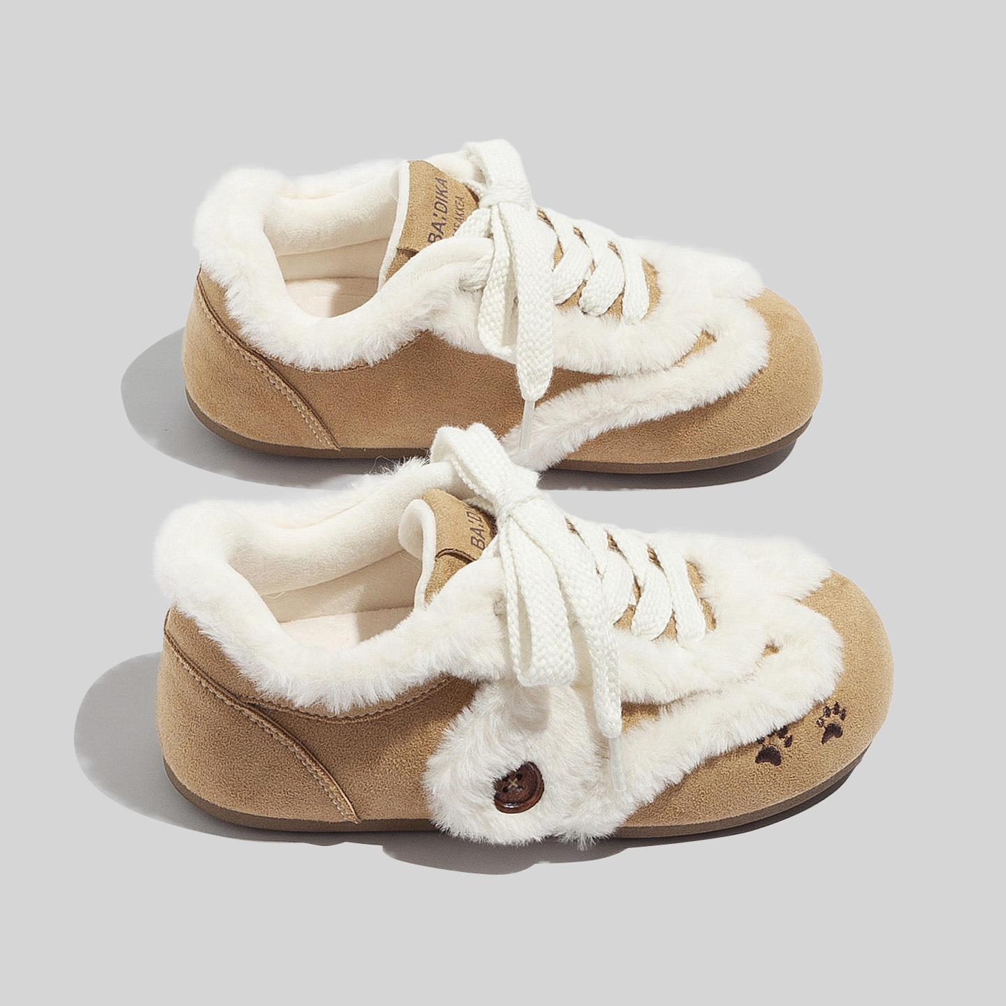 Winter cute fluffy flat bottom casual warm velvet cotton shoes versatile fashion claw embroidered shoes 35