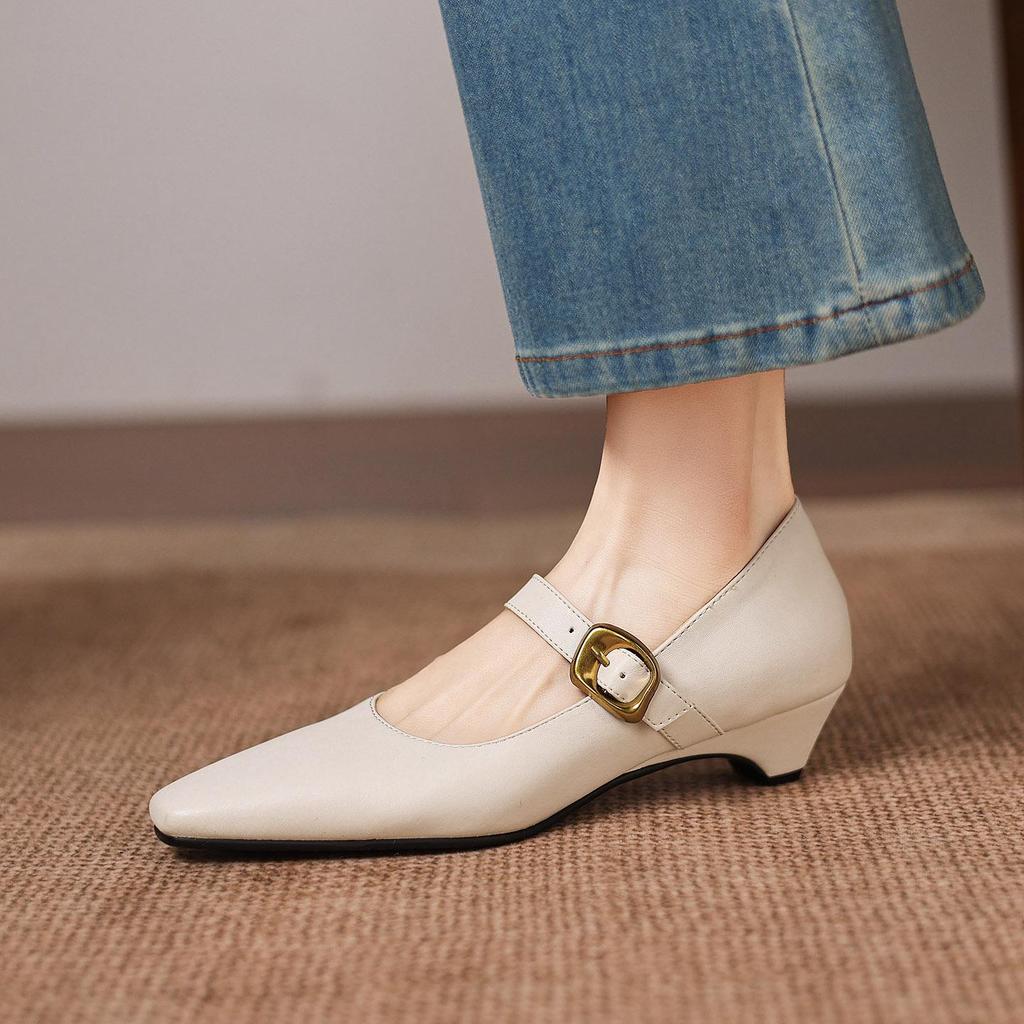 Krazing Pot Microfiber Square Toe Thick Med Heels Spring Summer Shoes Big Size 43 Metal Buckle Beauty Women Shallow Pumps