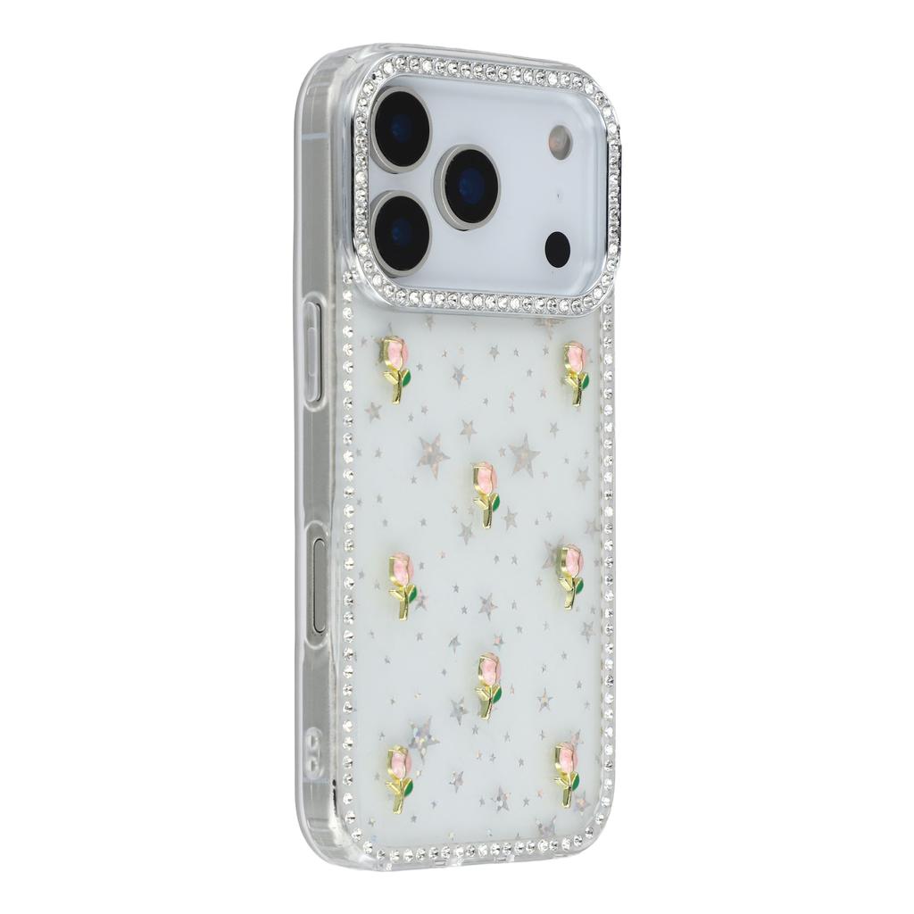 For iPhone 17 Pro Max Case Rhinestone Edge Small Tulips Decor TPU+PC IMD Phone Cover