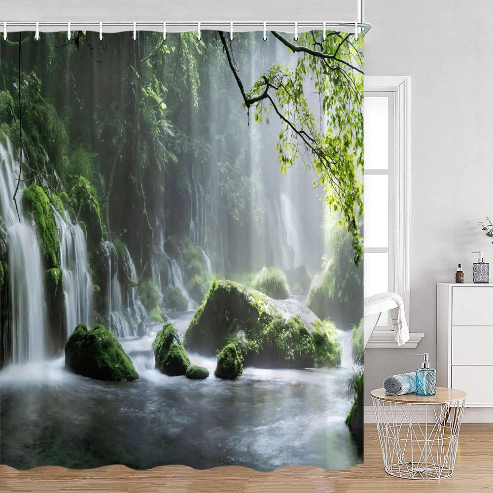 Waterfall Shower Curtains Natural Landscape Green Plants Forest Nature Greenery Home Decor for Bathroom Polyester Bath Curtain