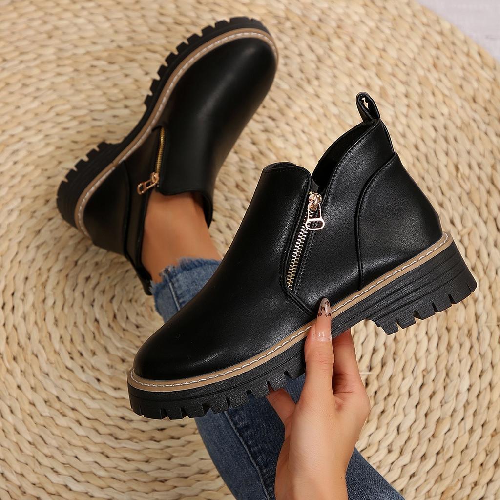 Autumn and Winter New Round Toe Thick High-heeled Short Boots, Side Zipper Waterproof Platform Women's Shoes