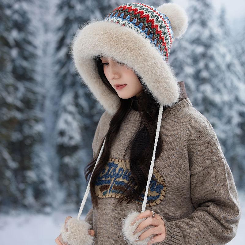 Ethnic Style Furry Warm Hat Women's Winter Plush Thickened Hairball Cold Hat Outdoor Ski Hat