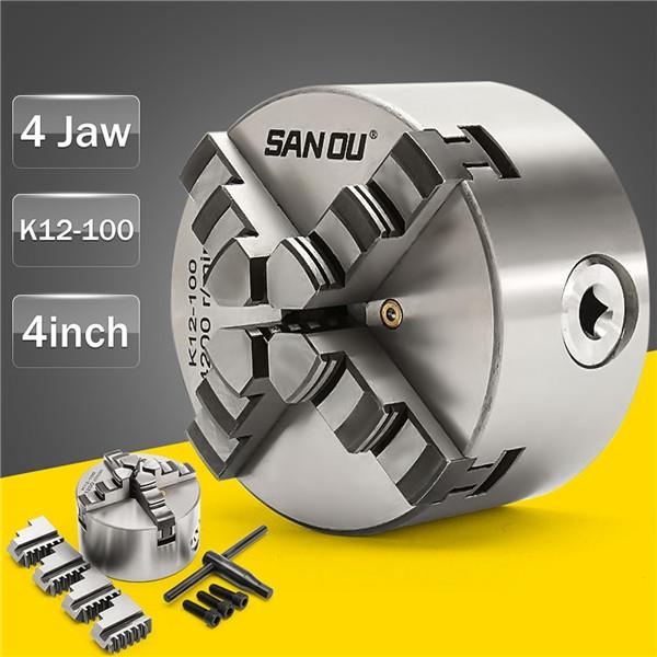 K12-100 SANOU 100mm Lathe Chuck  4 Jaw Self-centering Chuck Hardened Reversible Tool Silver New