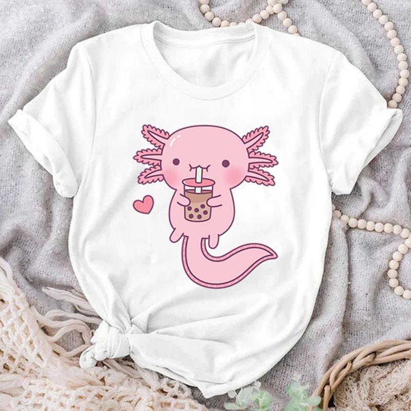 Cute Cute Axolotl Drink Boba Tea Graphic Print T-Shirts For Women Summer Lovely Short Sleeve Casual T-Shirts Funny Ladies Tops