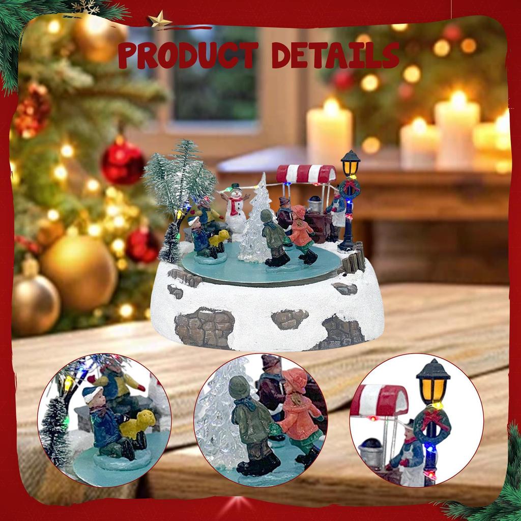 Animated Christmas Village Skating Pond Musical Box for Kids Women Resin Statue Winter Snow