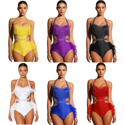 Všestranný taneční body pro ženy S-XXL: Ideální pro latinu, rumby nebo sambu, Kombinuje kamínky, peří a top na zavazování za krk