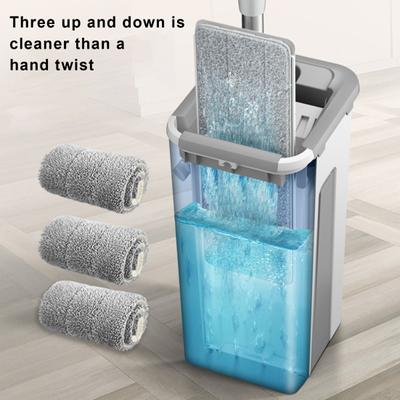 Conjunto Balde Mop Espremedor Plano com Cabo Longo Rotação 360 Graus Uso Seco Molhado Mop Limpeza Piso Azulejo com Kit Espremedor
