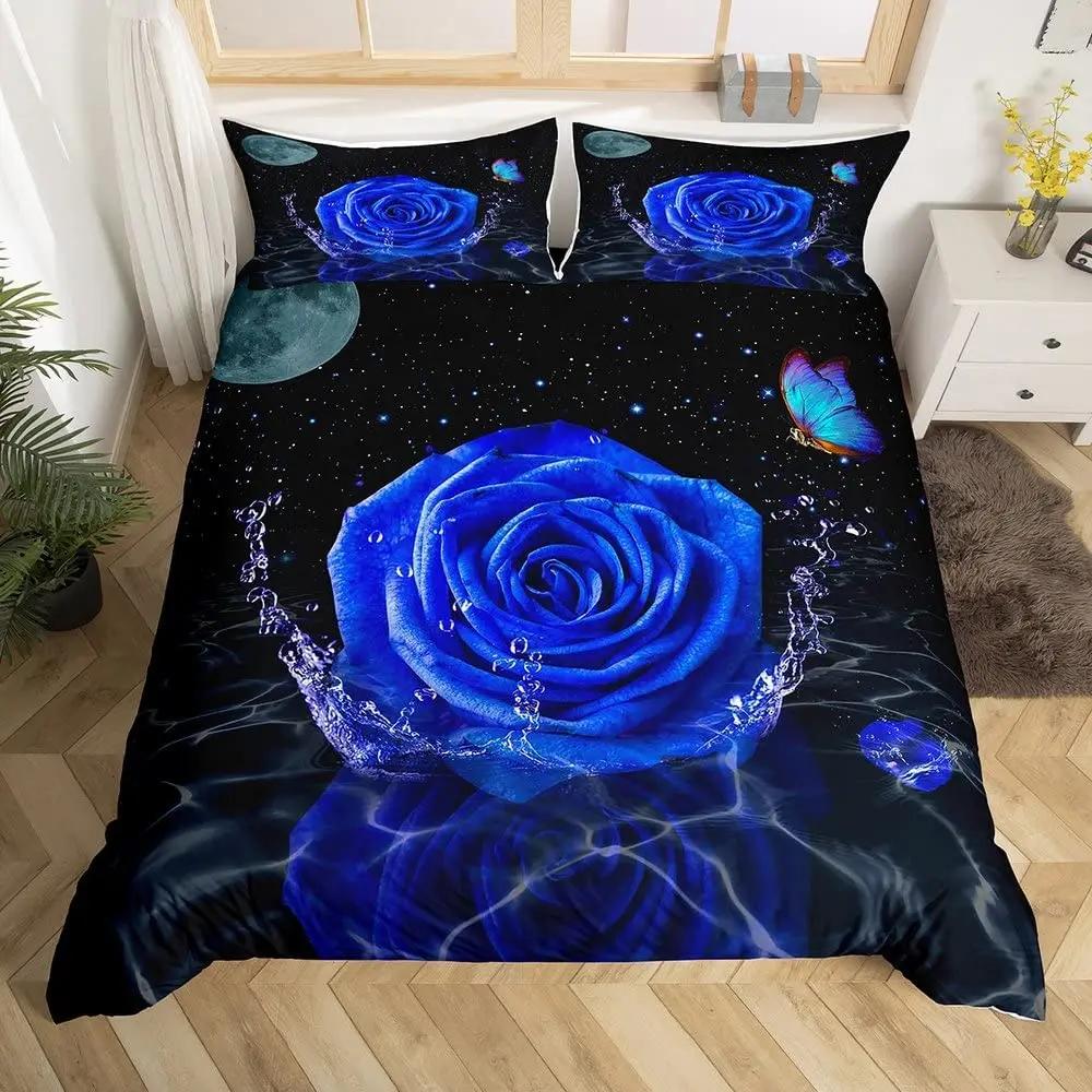 Pink Rose Duvet Cover Set Queen Size 3D Printed Rose Floral Bedding Set Botanical Blossom Flowers Microfiber Comforter Cover