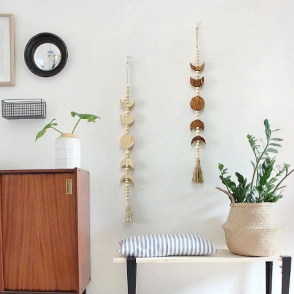 1PC Wood Star Moon Phase Wall Hanging Garland Boho Beaded Moon Garland with Tassel Home Wall Decor