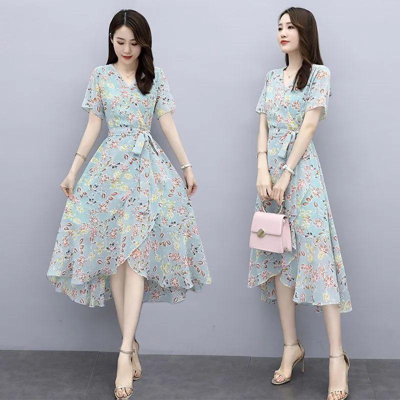 Plus Size Women's Floral V-Neck Tie-Waist A-Line Summer Dress with Irregular Hem