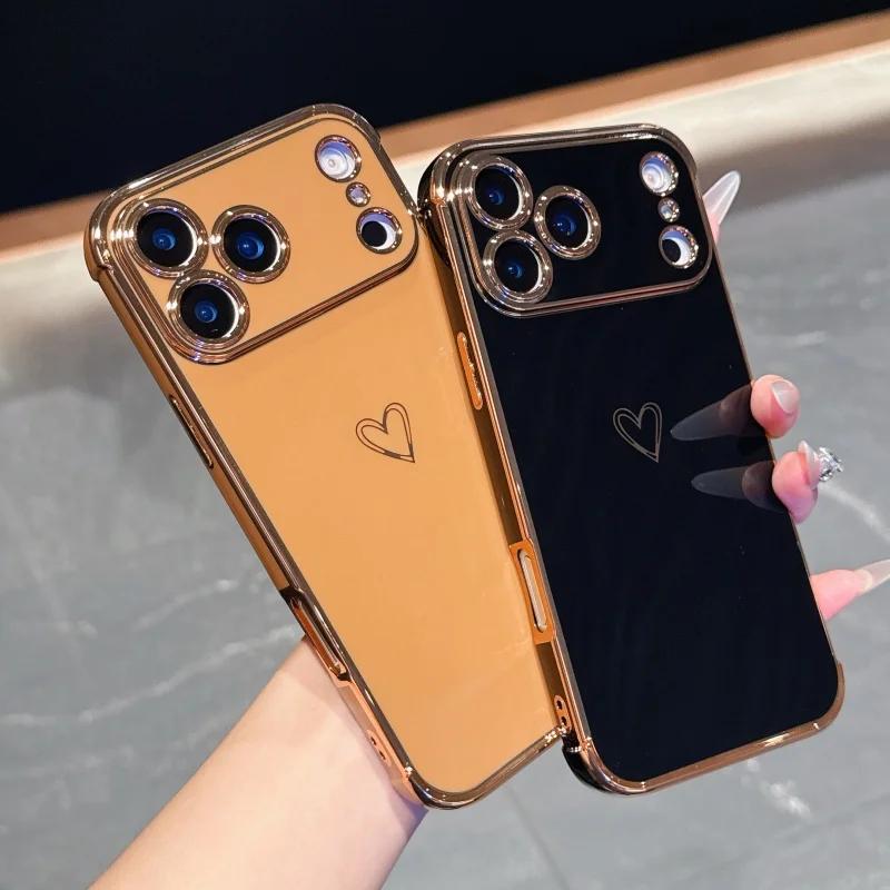Luxury Plating Love Heart Phone Case For Apple iPhone 17 16 15 14 Plus 13 12 Mini Pro Max Air With Camera Lens Proteciton Cover