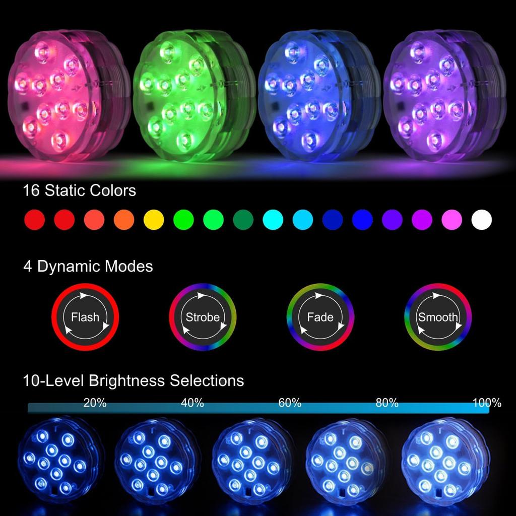 Submersible LED Lights with Remote, Color Changing Battery Powered Underwater LED Light Pucks for Pool Pond Camping Bucket Decoration (4 Packs)