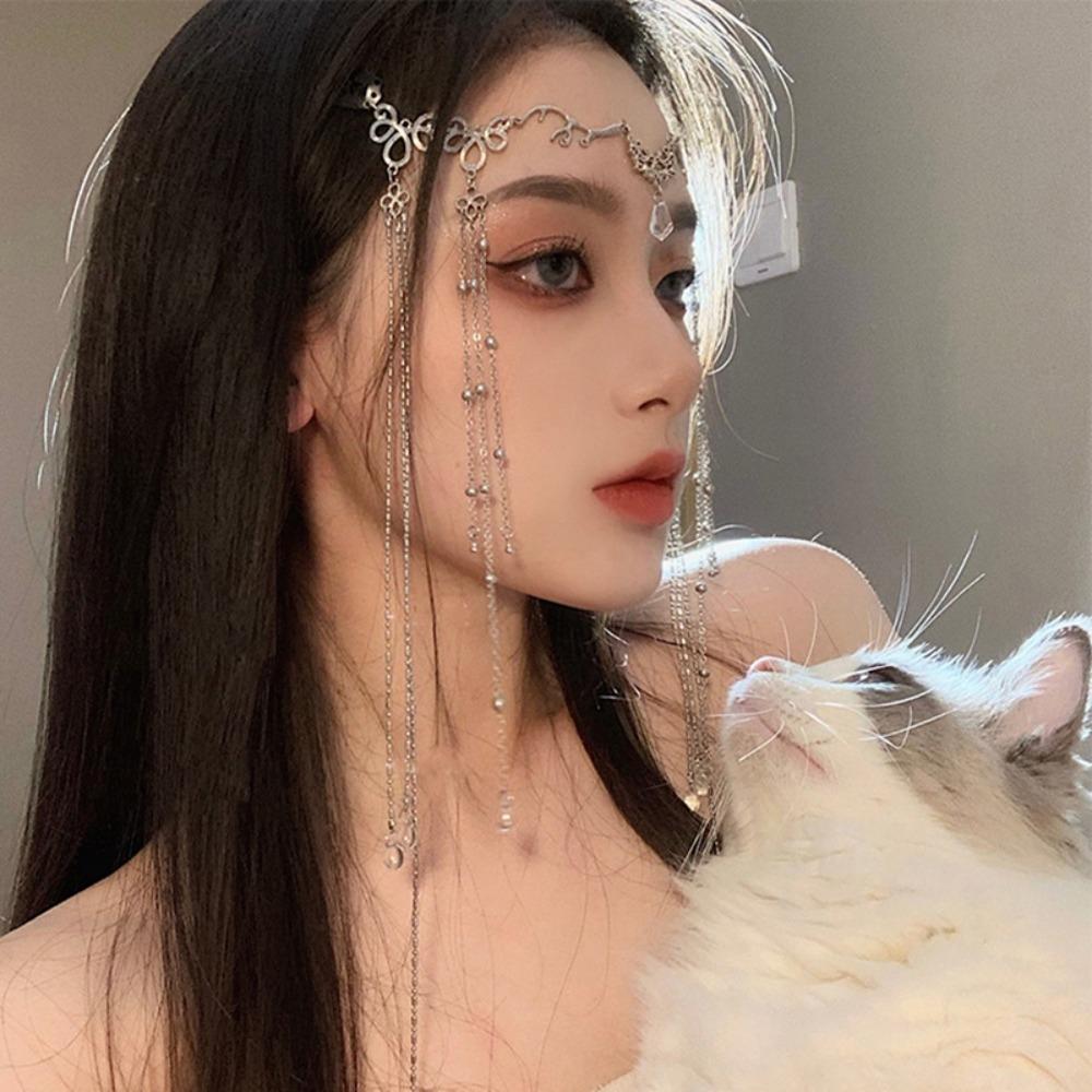 Vintage Crystal Long Tassel Forehead Ornament Headband Tassel Eyebrow Center Pendant Hair Ornament
