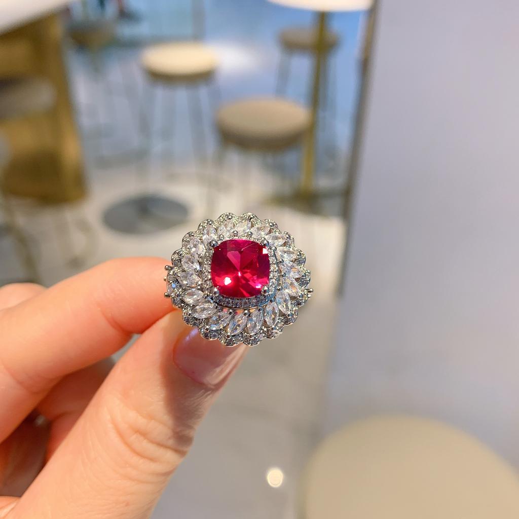 New European and American Style Retro Imitation Red Diamond Square Luxury Inlaid Pendant Earrings Ring Jewelry Set Women