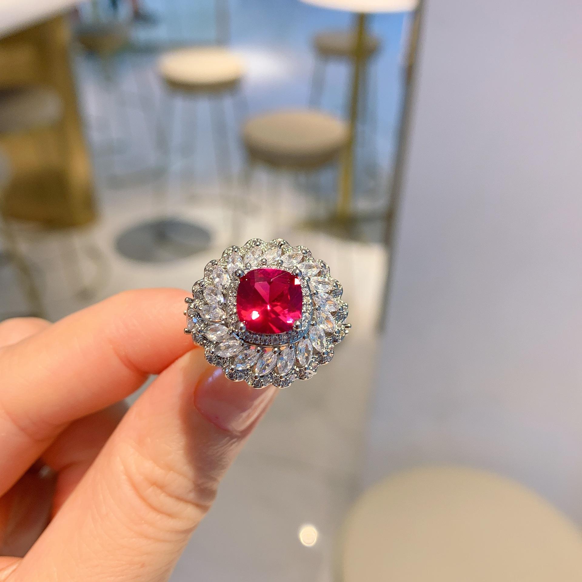 New European and American style retro imitation red diamond square luxury inlaid pendant earrings ring jewelry set women