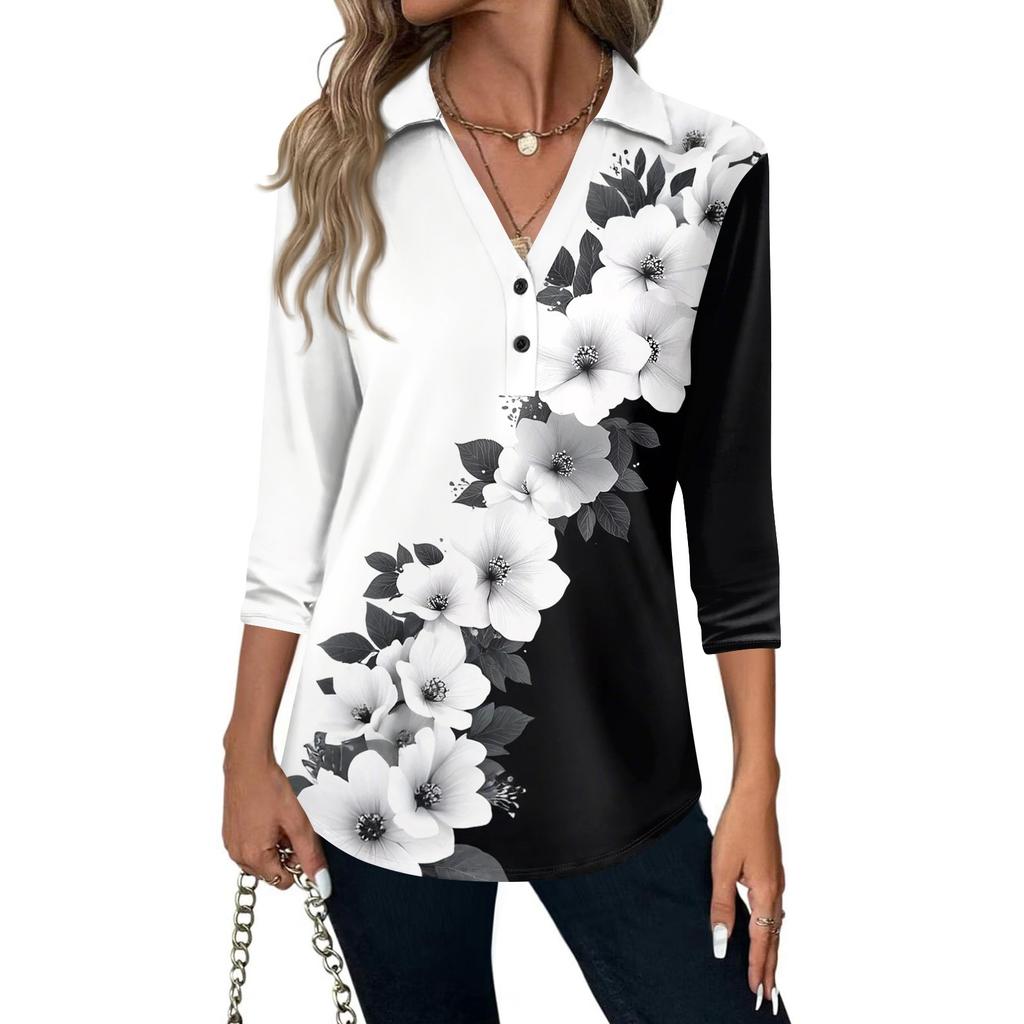 Women's Fashion Casual Lapel Short 3/4 Sleeve Print Shirt Women's V-Neck Button Tops