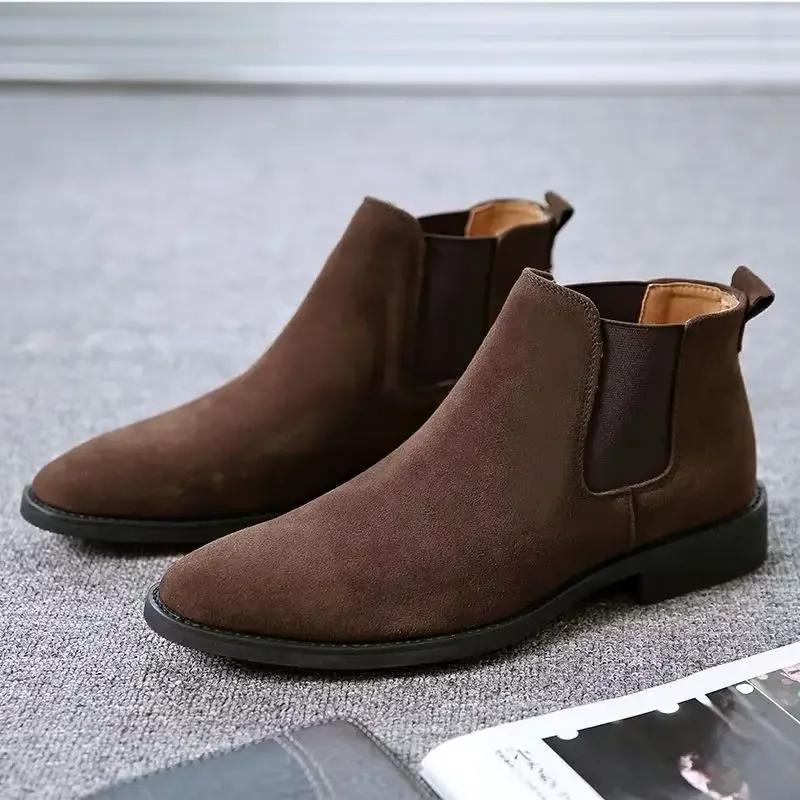 Men'S Retro Classical Chelsea Boots Cow Suede Genuine Leather Mens Fashion Ankle Short Boot High-Top Casual Shoes For Men