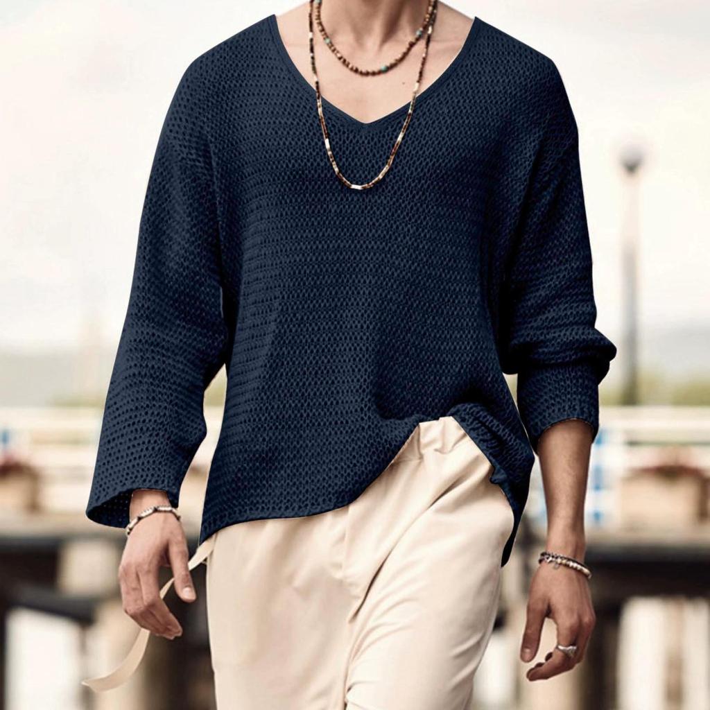 Maglia da uomo a V a maniche lunghe tinta unita vintage primaverile Maglione lavorato a maglia cavo da uomo morbido