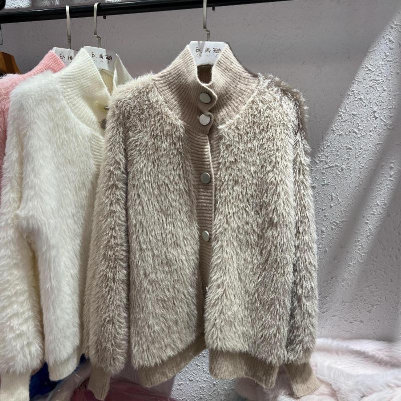 2026 Women Fur Faux Knitted Cardigan Sweater Jacket Korean Style Womens Sweaters Autumn Female Clothes Vinatge Knitwear V Neck Outfits