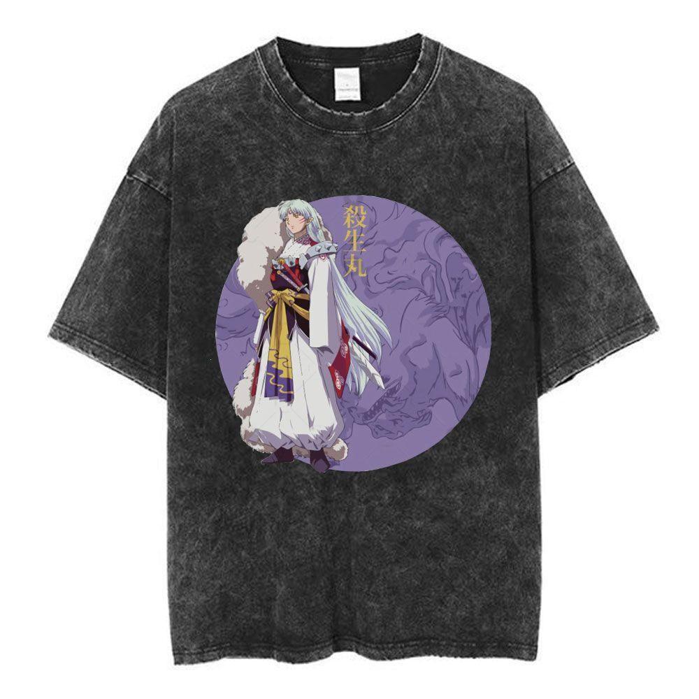 Retro Washed Anime Inuyasha Pattern Tshirts For Unisex And Unisex Shortsleeved Loose Cotton Tops Ins
