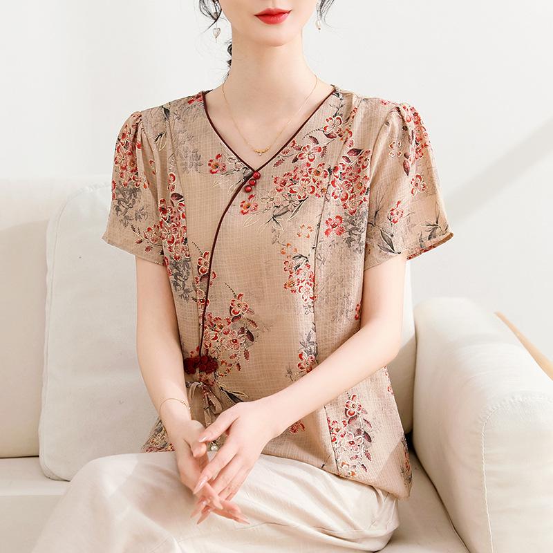 Summer Style 2026 Women's Shirt – Middle-Aged & Elderly, Chinese-Inspired National Printed T-Shirt