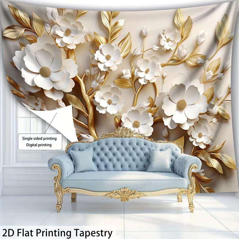 2D Sophisticated Gold and White Flower Tapestry Modern Room Decor