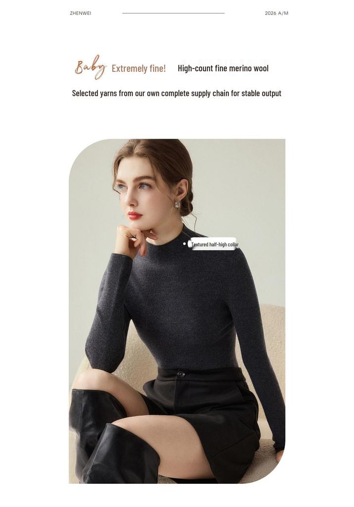 Women's Seamless 100% Wool Slim Fit Long-Sleeve Knitwear, Half-High Neck Base Layer - 2026 Style.